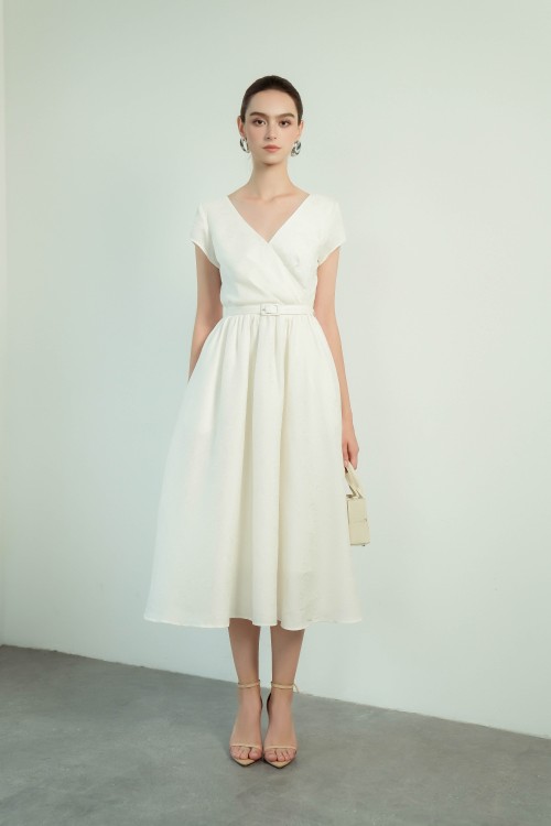 Sixdo Off White Brocade Flared Dress